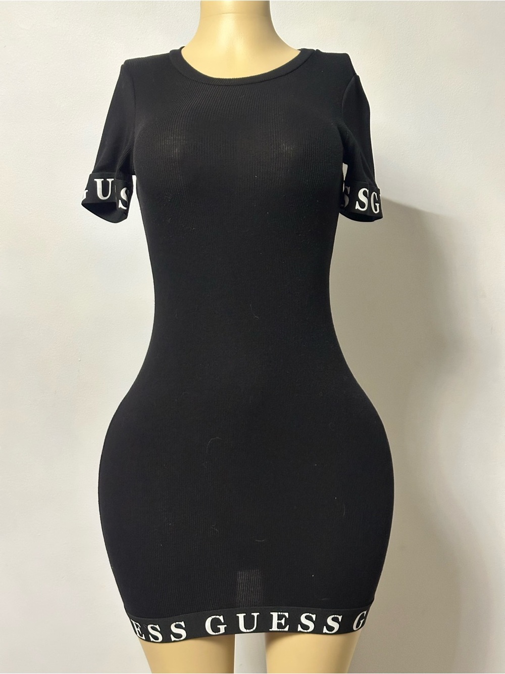 Guess Black Logo-Band Ribbed Mini Dress